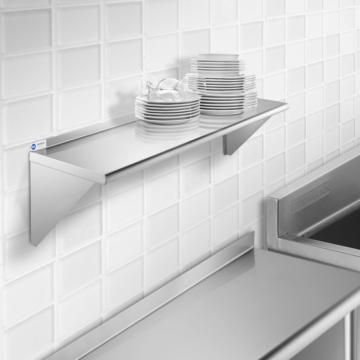GRIDMANN 14" x 48" NSF Stainless Steel Kitchen Wall Mount Shelf w/ Backsplash