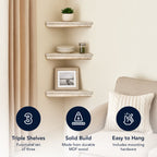 3-Piece Rustic Farmhouse Whitewashed Floating Corner Wall Shelves for Storage and Display - Set of 3, White