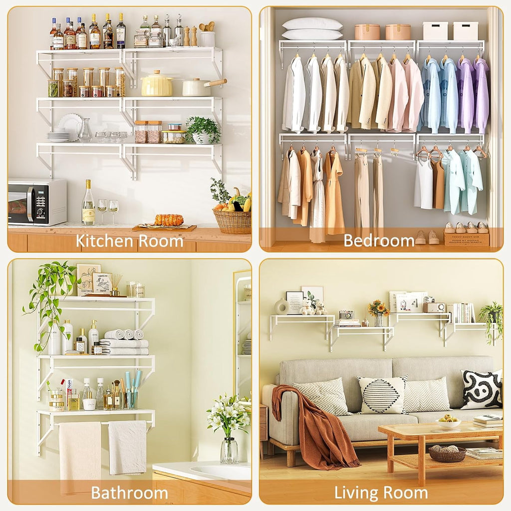 2 Pack Expandable Laundry Room Shelves with Hanging Rod, Over Washer and Dryer Shelves, Wall Mounted Metal Shelving, Utility Floating Wall Shelf for Laundry Closet Organizers and Storage