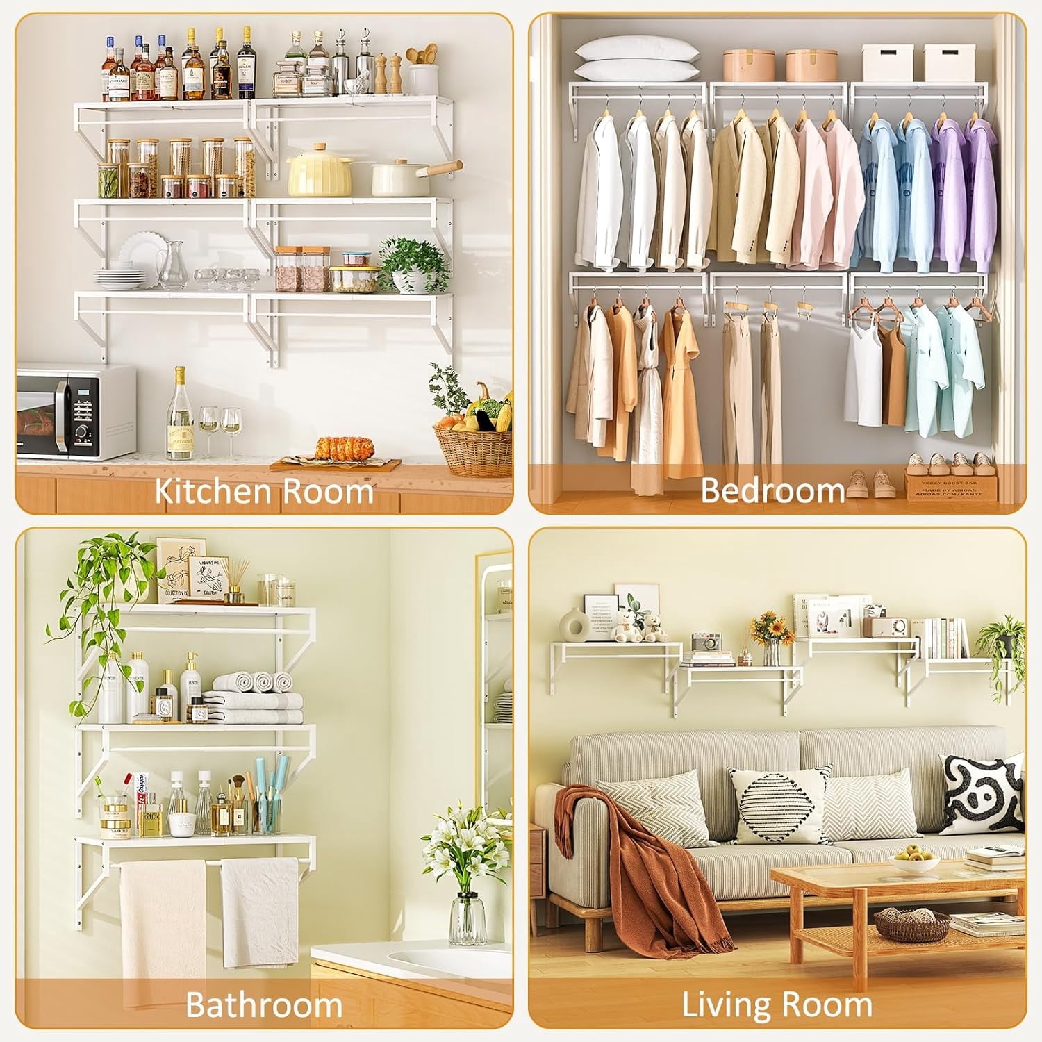2 Pack Expandable Laundry Room Shelves with Hanging Rod, Over Washer and Dryer Shelves, Wall Mounted Metal Shelving, Utility Floating Wall Shelf for Laundry Closet Organizers and Storage