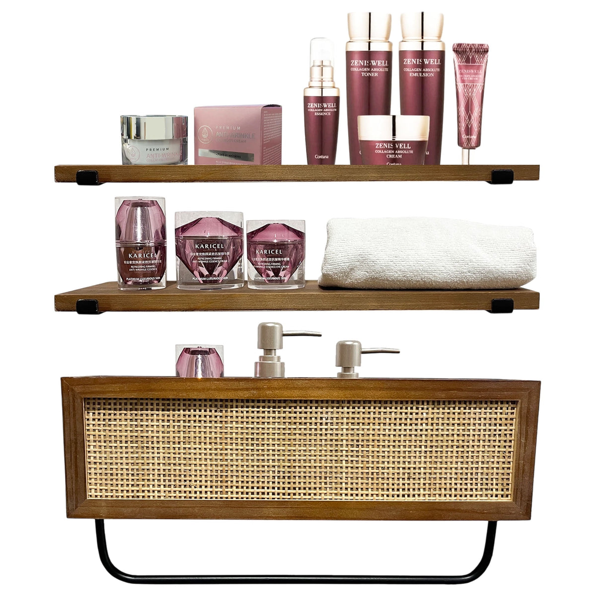 Autumn Alley Farmhouse Floating Shelves for Bathroom – Above Toilet Shelves with Rattan Basket Caning Organizer, Wood Floating Shelf Bathroom Storage, Wall Shelves Bathroom Décor, 3 Tier