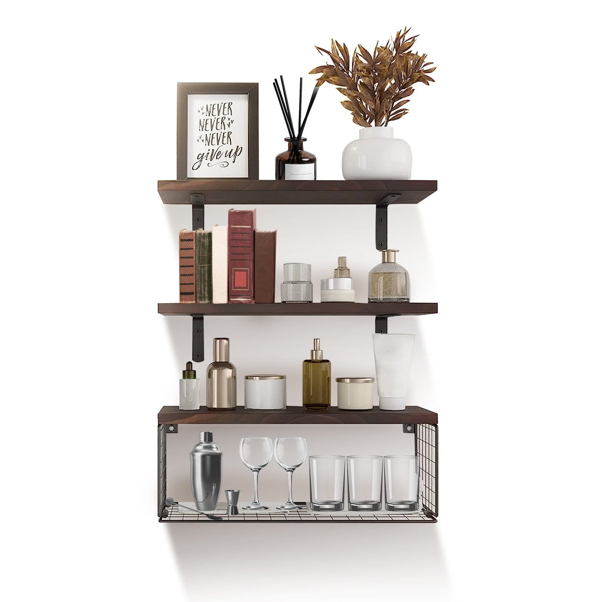 Rustic Floating Shelves, Moclever 2.75lbs Wall Mount Wooden Bathroom Floating Shelves with Basket