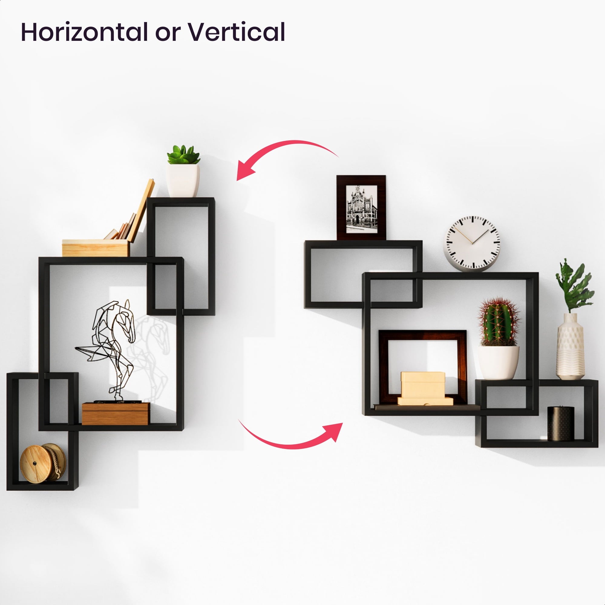 Ballucci Interlocking Floating Shelves, Horizontal or Vertical Display Cube Wall Mount Shelf, Black