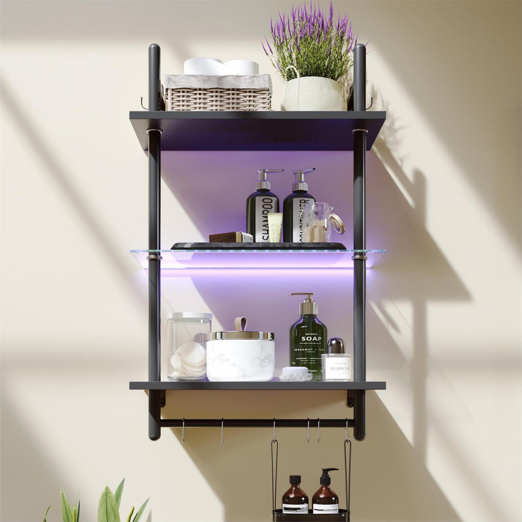 Bestier 23" Floating Shelves for Wall with LED Light 3-Tier Wall-Mounted Wood Shelves with 8 S-Hooks, Black Carbon Fiber