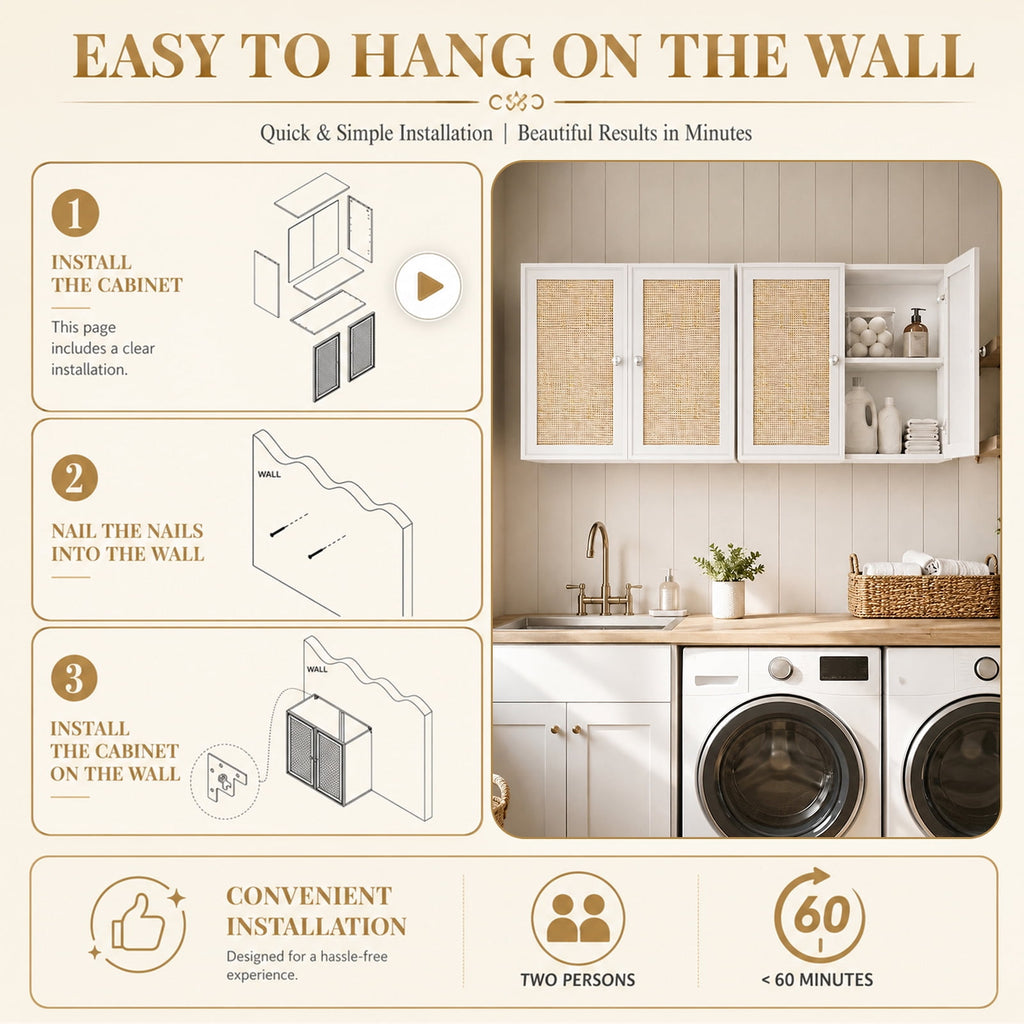 48 Inches Laundry Room Wall Cabinets Bathroom Cabinets Wall Mounted with Adjustable Shelves, Rattan Wall Cabinet for Bedroom, Kitchen, Bathroom