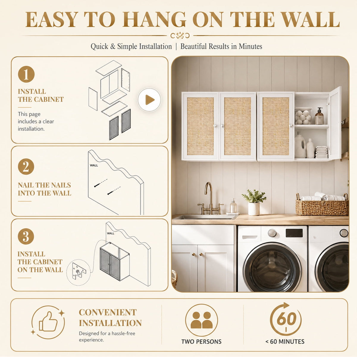 48 Inches Laundry Room Wall Cabinets Bathroom Cabinets Wall Mounted with Adjustable Shelves, Rattan Wall Cabinet for Bedroom, Kitchen, Bathroom