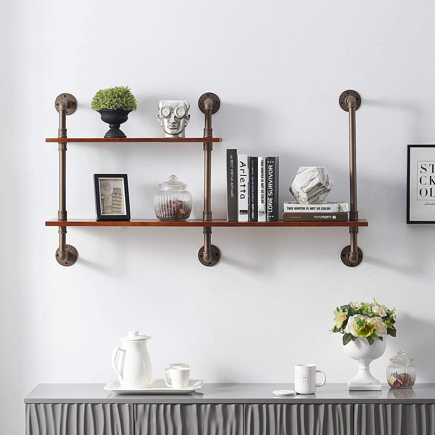 Ivinta 2-Tier Shelf Industrial Pipe Shelving Farmhouse Floating Shelves Wall Bookshelf for Kitchen Living Room Bathroom