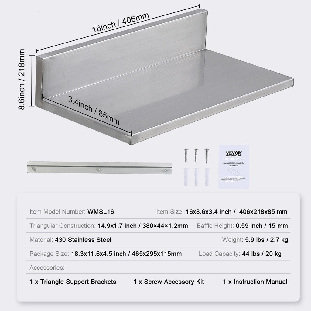 VEVOR 2PCS 16" x 8.6" Wall Mounted Stainless Steel Shelf,44 lbs Load Capacity Wall Mount Floating Shelving for Restaurant, Kitchen, Bar, Home, and Hotel