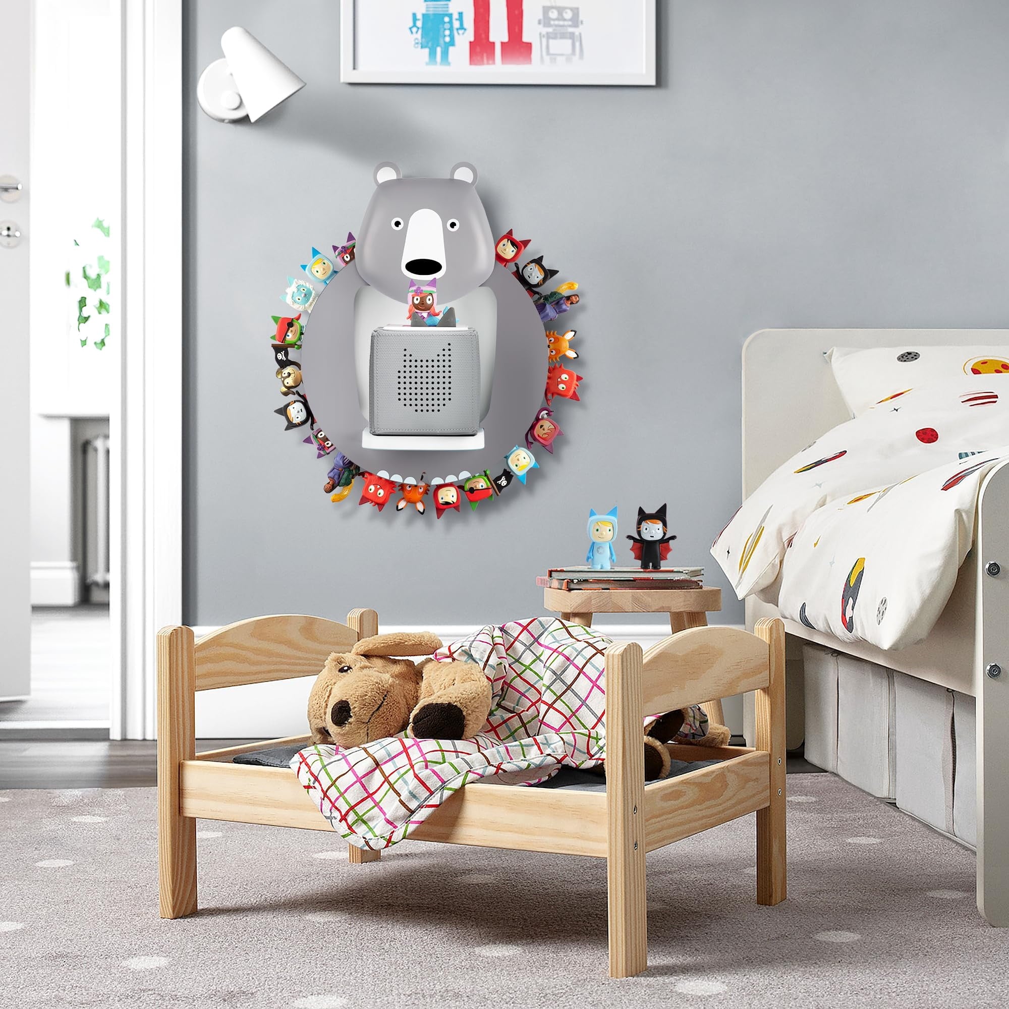 For Toniebox Creative Bear Children's Magnetic Floating Shelf and for Tonies for 30-48 Figures - Wall Shelf for The Music Box - for Playing and Collecting - for Children's Baby Rooms (Grey)