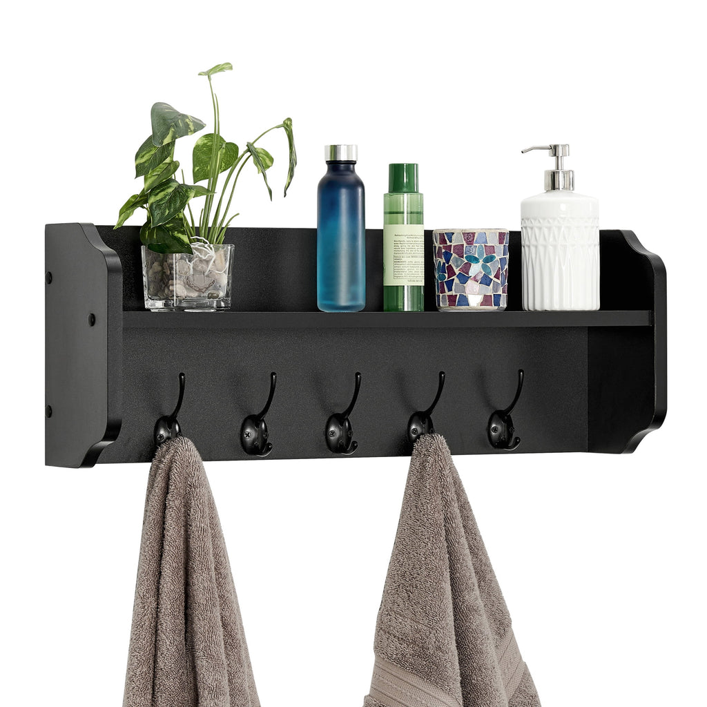 Entryway Floating Utility Wall Shelf with Hooks - Wall Mounted - Black