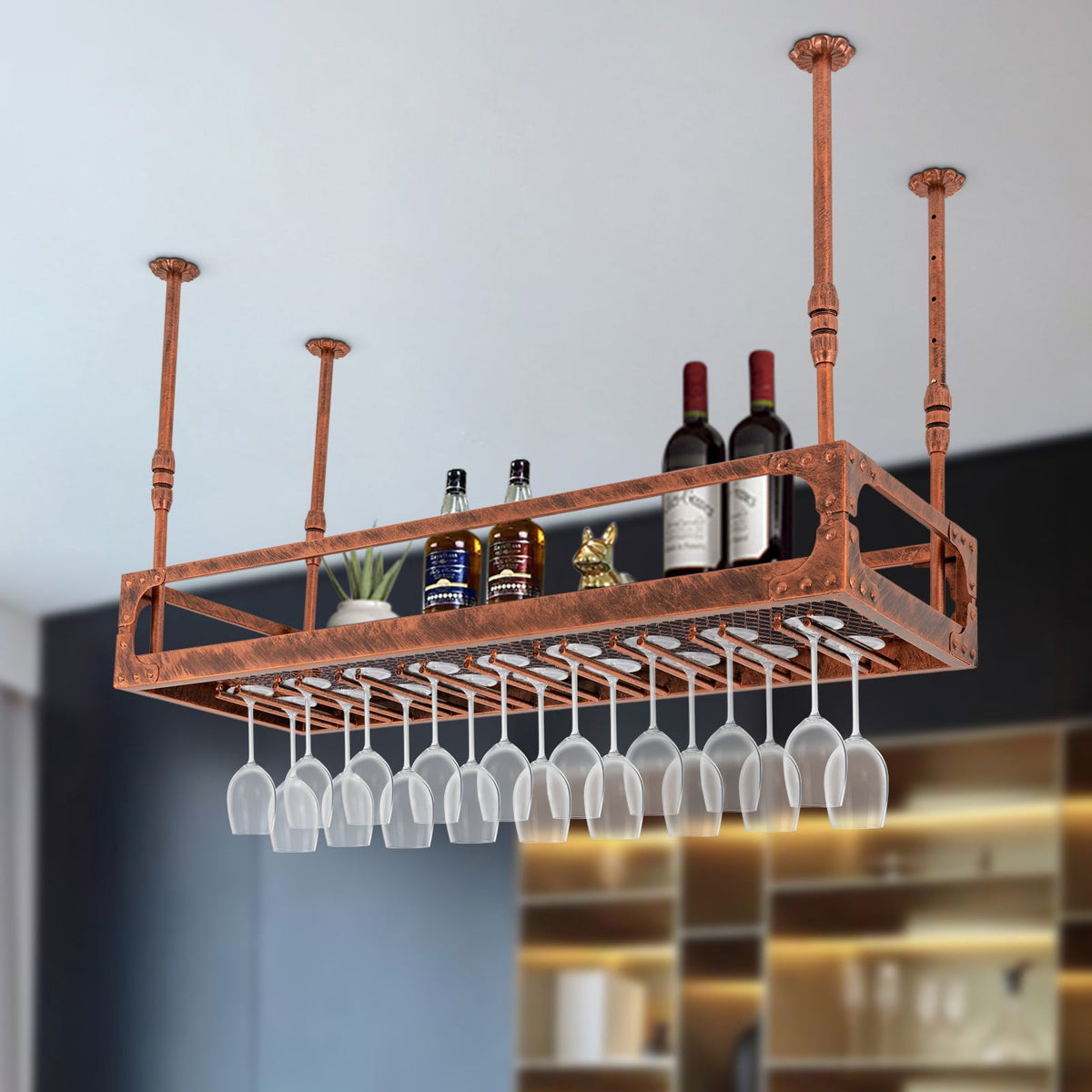 ToppiJoy Industrial Vintage Bar Floating Shelf, Ceiling Mounted Hanging Wine Bottle Holder, Shelf Champagne Glass Rack, for Bar Home (Bronze)