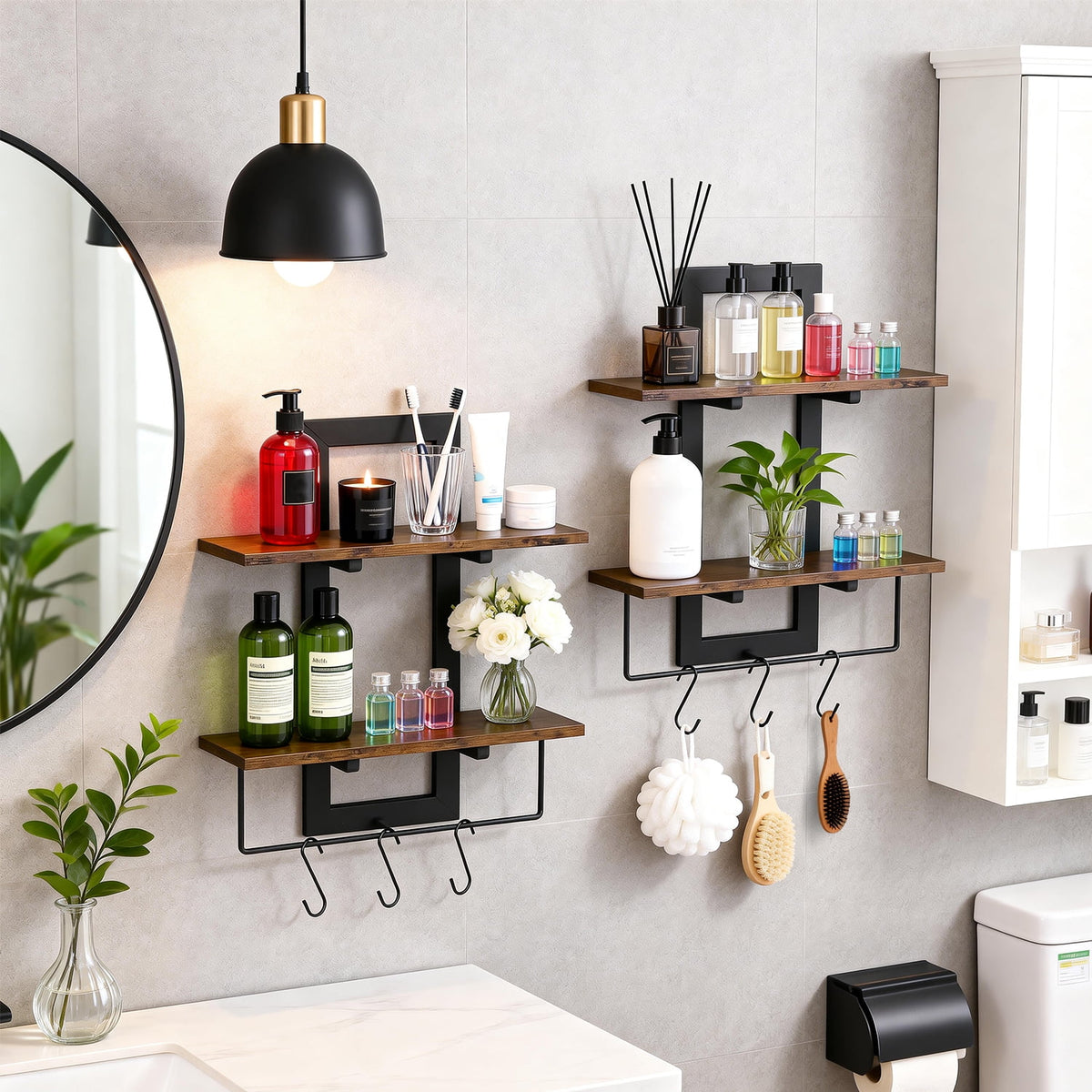 2 Pack 2 Tier Floating Wall Shelves, Rustic Wood Wall Mount Storage Organizer, Decorative Wall Display Rack for Bedroom Living Room Bathroom