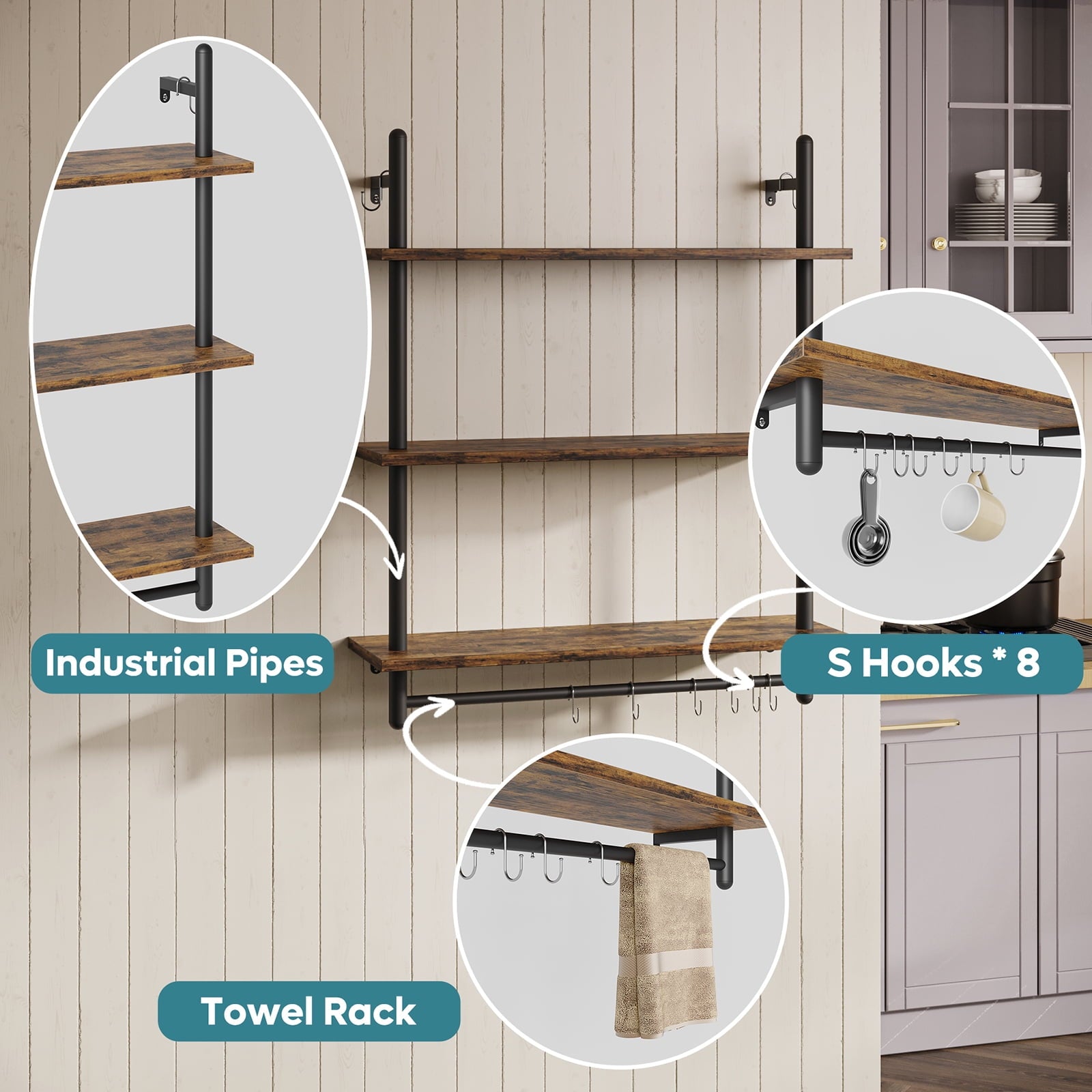 Bestier 31" Kitchen Wall Shelves 3-Tier Floating Shelves for Bathroom, Bedroom, Rustic Brown
