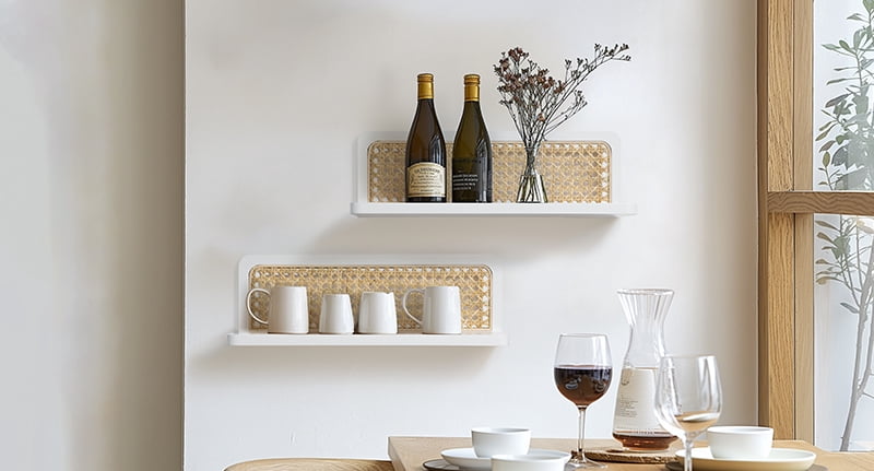 Sumgar Rattan Wall Shelf 16inch Set of 2, Handmade White Floating Shelves Boho Wall Decor, Rustic Wood Cute Wall Mounted Storage Shelves for Living Room Nursery Bedroom