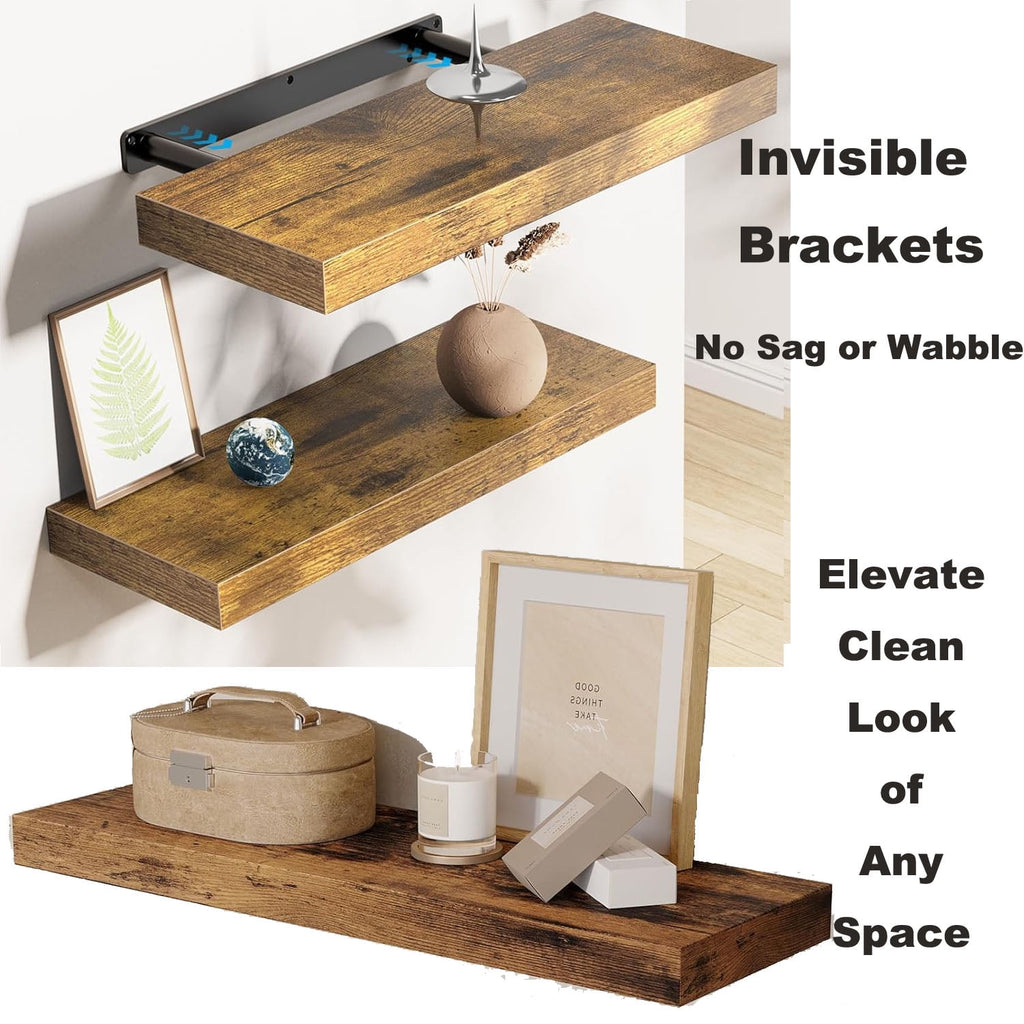 Floating Shelves for Wall, 16" TABGIME Wood Hanging Shelves, Holds 16.8lbs, Space-Saving for Bathroom Bedroom Kitchen(Brown, Set of 3)