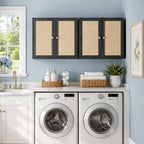 24"W Rattan Laundry Room Cabinets with Lights, Bathroom Cabinets Wall Mounted with Adjustable Shelves, Wall Cabinet for Bathroom/Kitchen/Bedroom (2PCS, Black)