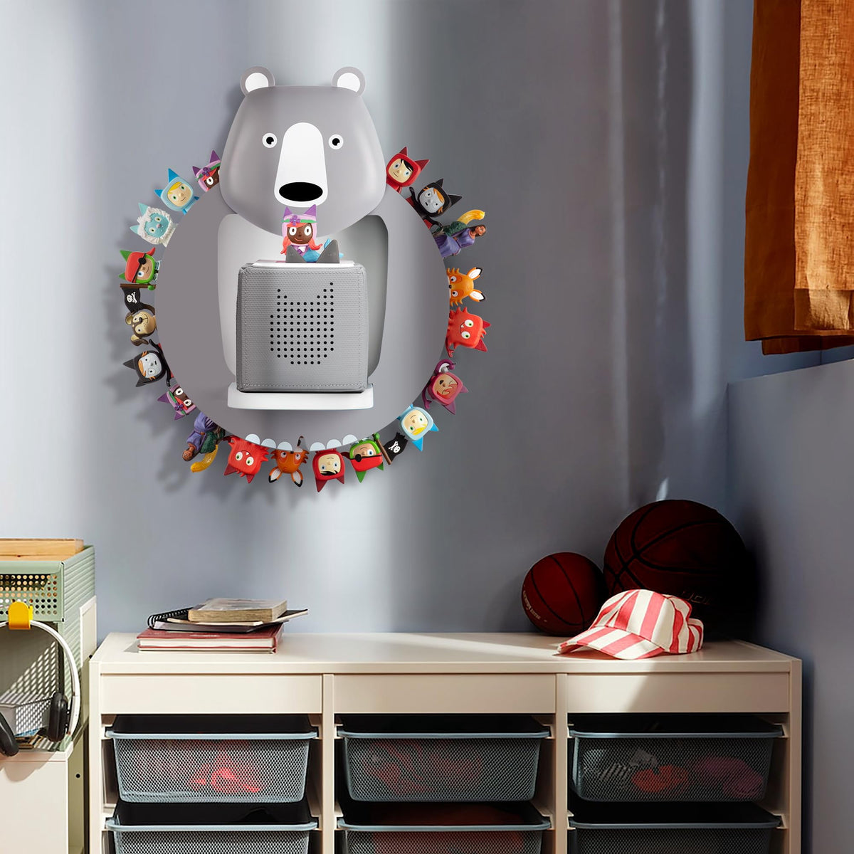 For Toniebox Creative Bear Children's Magnetic Floating Shelf and for Tonies for 30-48 Figures - Wall Shelf for The Music Box - for Playing and Collecting - for Children's Baby Rooms (Grey)