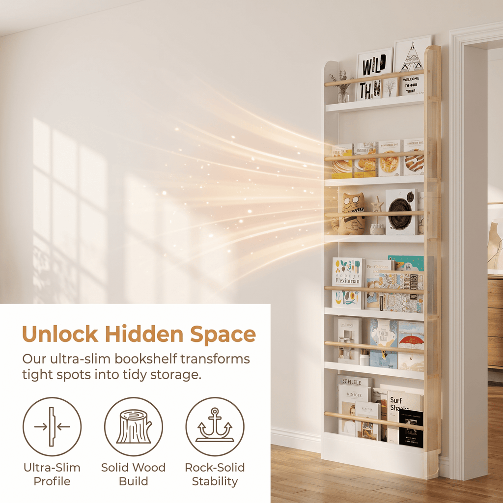 VGBYUJ 6 Tier Behind The Door Bookshelf, 70" Thin Narrow Bookshelf, Space Saving Wall Book Shelf Coner Bookshelf, White