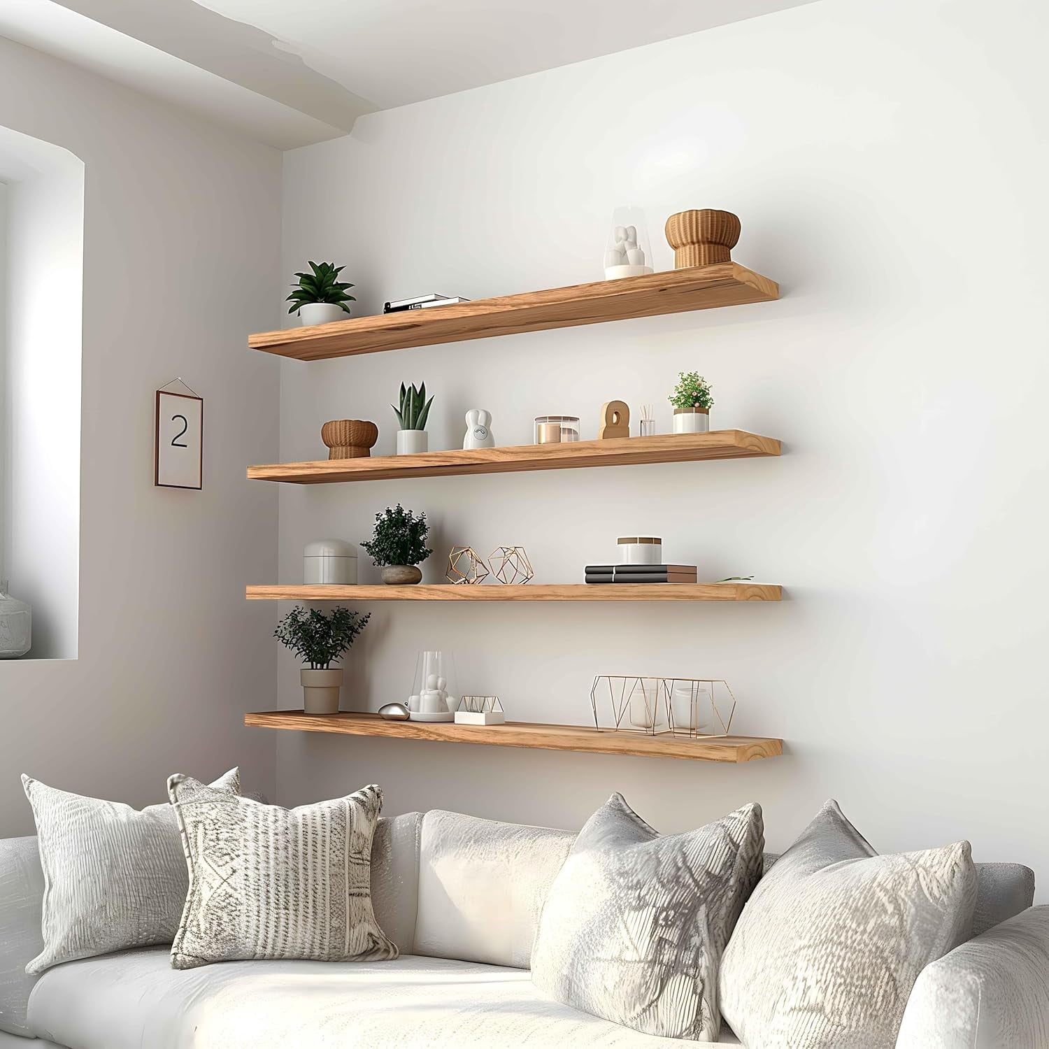 48 Inch Light Wood Floating Shelves for Wall Rustic Wall Shelf for Bedroom Living Room Set of 4