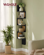 VASAGLE 5-Tier Corner Shelf, Wall Mounted Floating Shelf, Zigzag Corner Shelf Unit, PVC Rattan Sides, Space-Saving, for Kitchen, Living Room, Bedroom, Boho Style, Ash Black