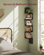 VASAGLE 5-Tier Corner Shelf, Wall Mounted Floating Shelf, Zigzag Corner Shelf Unit, PVC Rattan Sides, Space-Saving, for Kitchen, Living Room, Bedroom, Boho Style, Ash Black