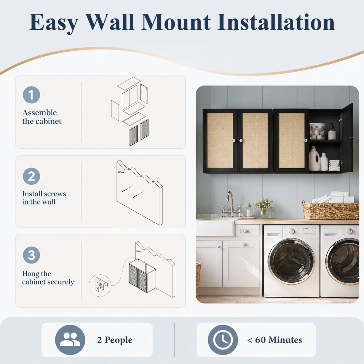 24"W Rattan Laundry Room Cabinets with Lights, Bathroom Cabinets Wall Mounted with Adjustable Shelves, Wall Cabinet for Bathroom/Kitchen/Bedroom (2PCS, Black)