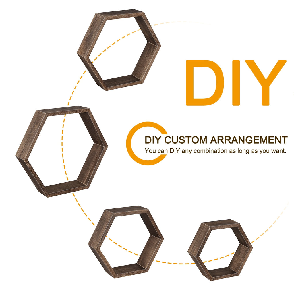 Hexagon Floating Shelves Set of 8 Honeycomb Shelves for Wall, Brown