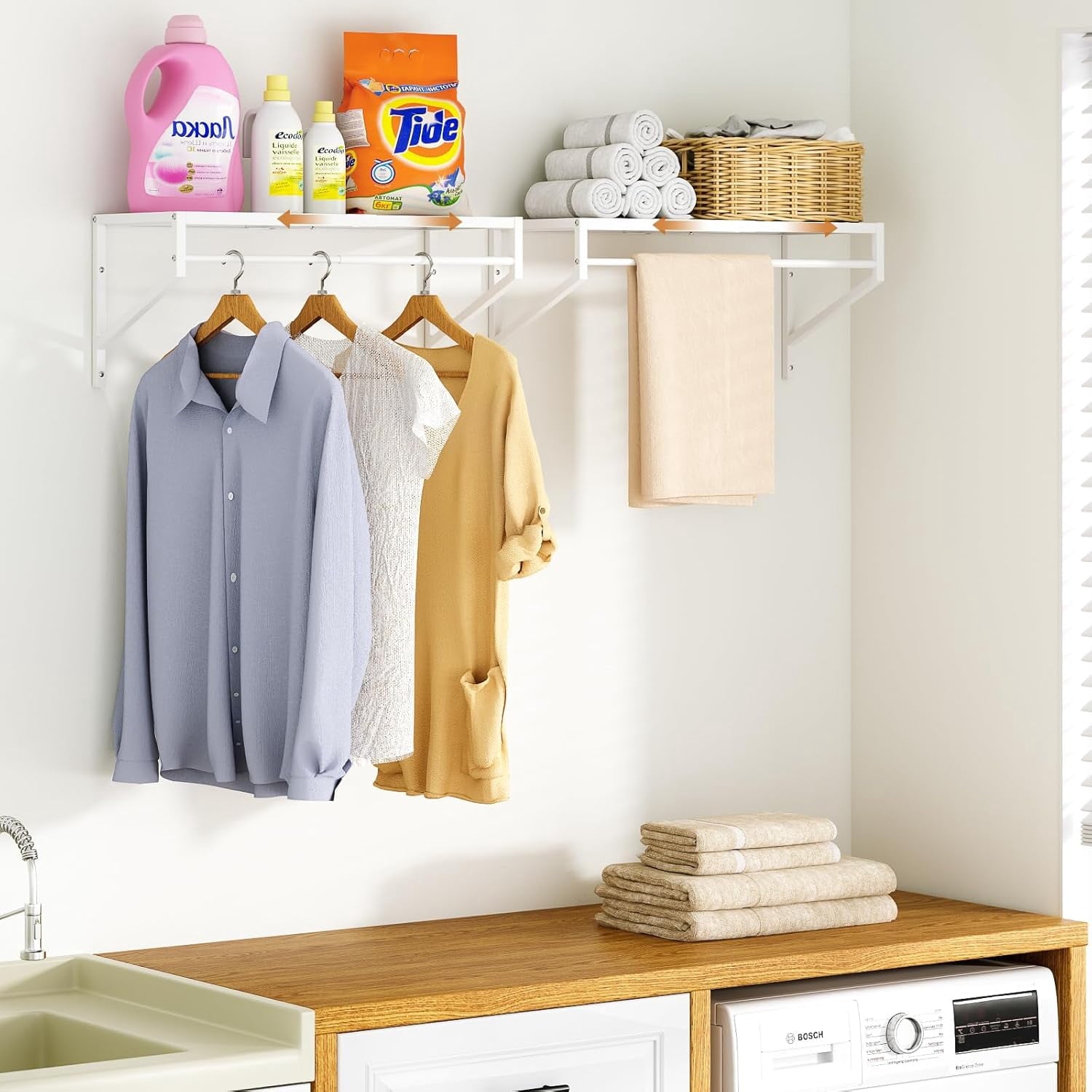 2 Pack Expandable Laundry Room Shelves with Hanging Rod, Over Washer and Dryer Shelves, Wall Mounted Metal Shelving, Utility Floating Wall Shelf for Laundry Closet Organizers and Storage