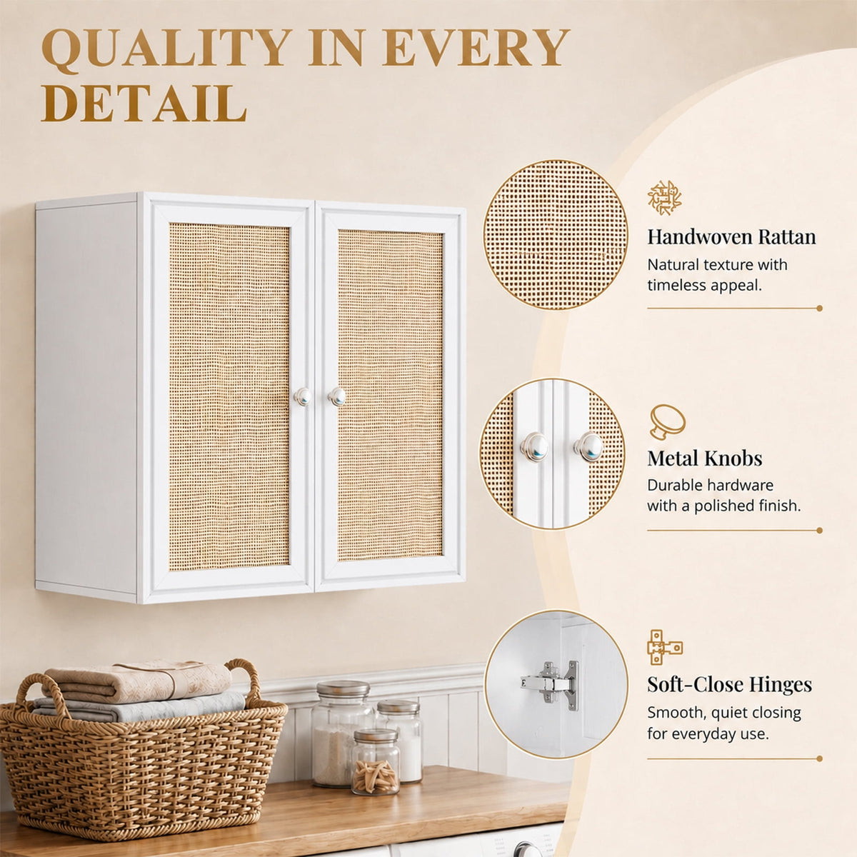 48 Inches Laundry Room Wall Cabinets Bathroom Cabinets Wall Mounted with Adjustable Shelves, Rattan Wall Cabinet for Bedroom, Kitchen, Bathroom