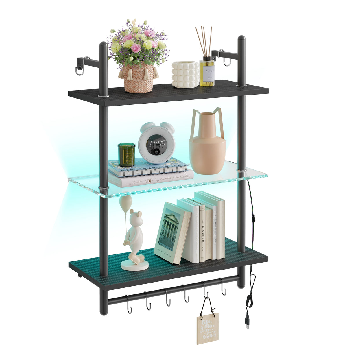 Bestier 23" Floating Shelves for Wall with LED Light 3-Tier Wall-Mounted Wood Shelves with 8 S-Hooks, Black Carbon Fiber