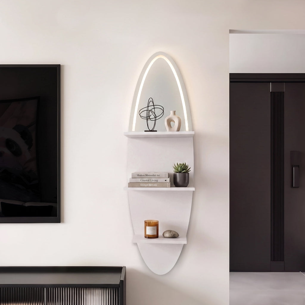 LEFINITO Surfboard Shaped LED Mirrored Floating Wall Storage Shelf, White Wall Shelf with Light for Home Decor