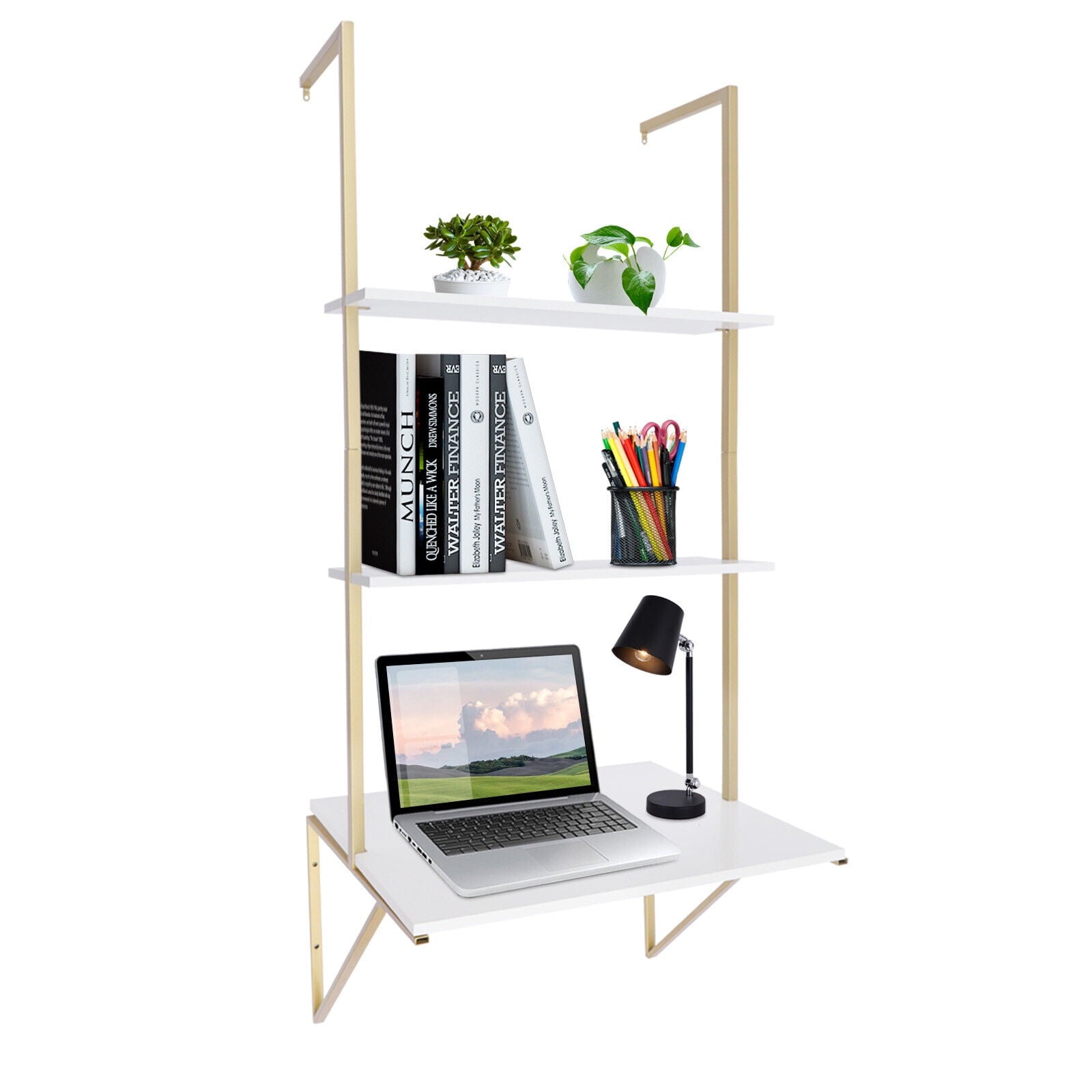 Miumaeov 3 Tier Ladder Shaped Desk Wall Mounted Shelf Floating Hanging Display Rack for Laundry Room Bathroom Kitchen Bedroom Office Gold