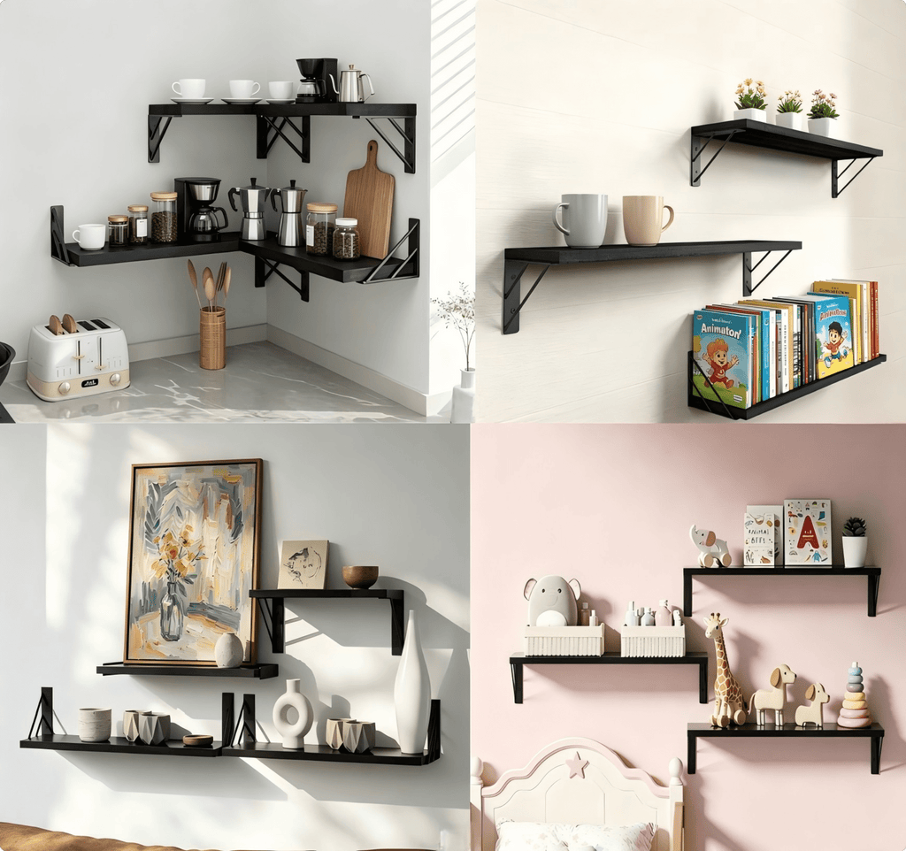 Elegant Black Wood Floating Shelves With Wall Mount - Modern 3 Pack Home Decor
