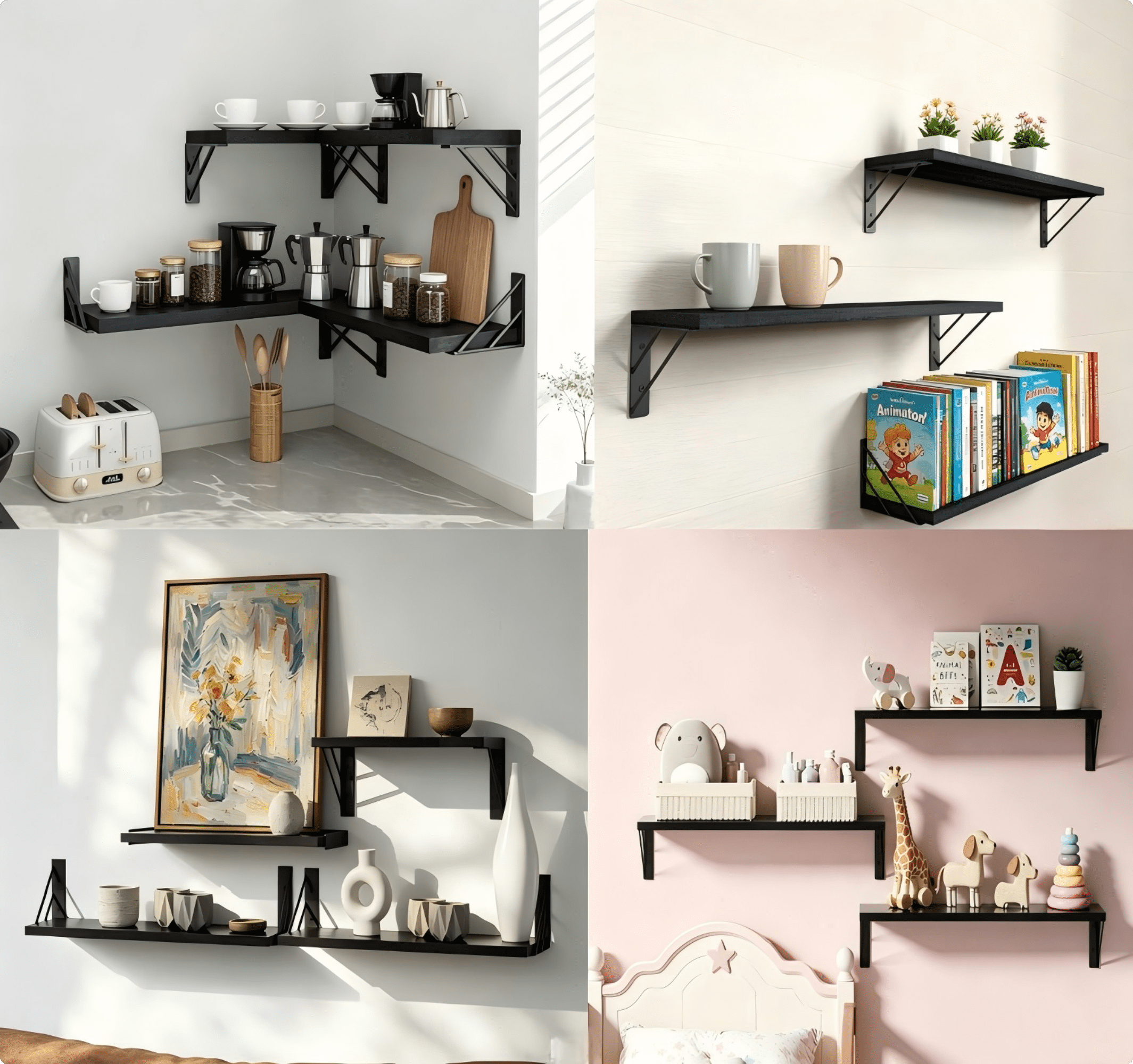 Elegant Black Wood Floating Shelves With Wall Mount - Modern 3 Pack Home Decor