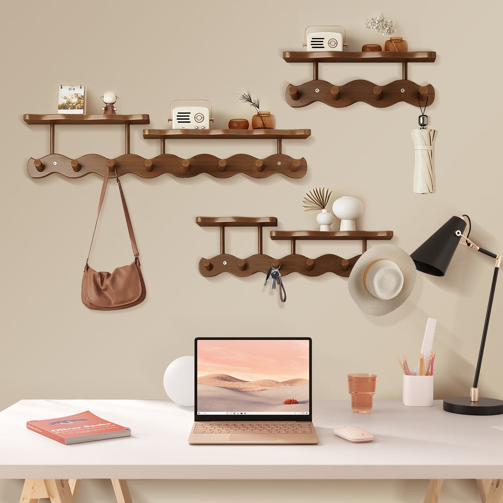 Floating Shelves with Hooks,Coat Rack Shelf Wall Mounted,Wood Coat Rack,for Bedroom, Living Room, Bathroom, Kitchen, Picture Ledge,with 8 Hooks