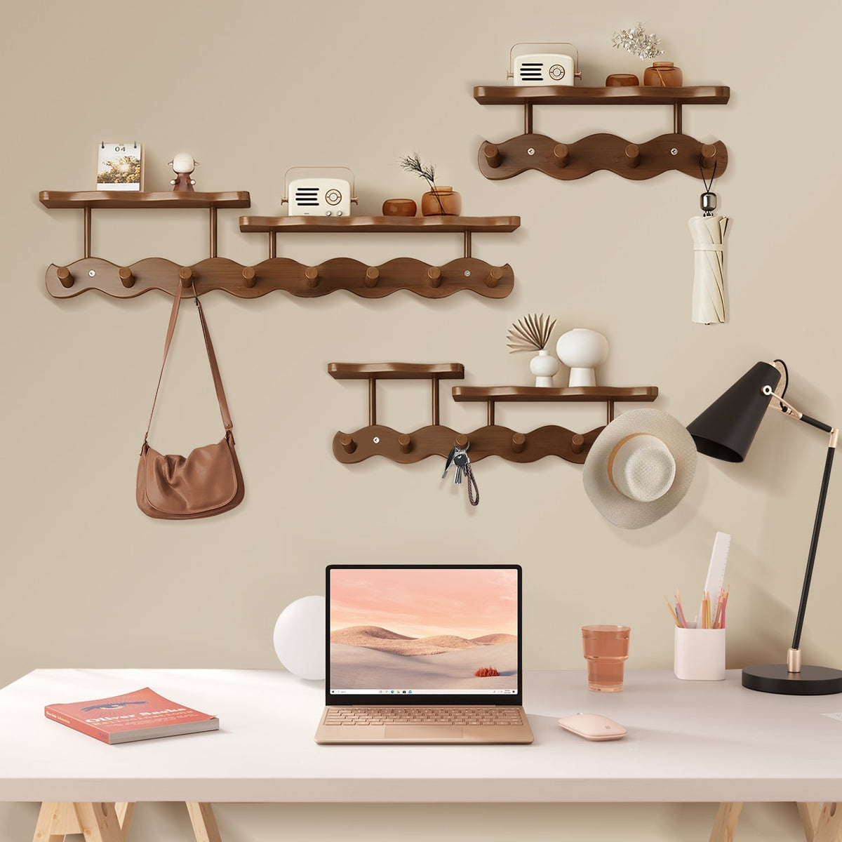 Floating Shelves with Hooks,Coat Rack Shelf Wall Mounted,Wood Coat Rack,for Bedroom, Living Room, Bathroom, Kitchen, Picture Ledge,with 8 Hooks