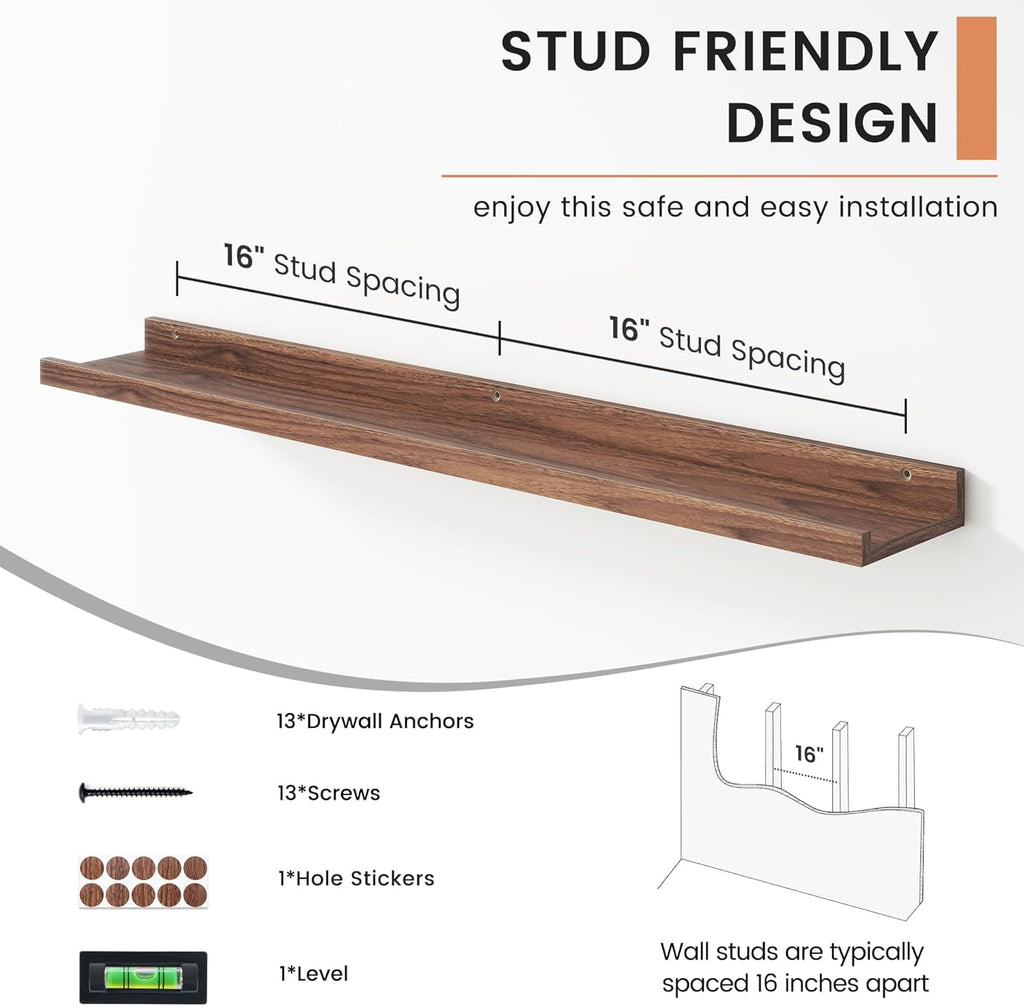 Floating Picture Ledge Shelves for Wall Set of 4, 56 Inch Solid Wood Wall Shelves with Lip Long Large Nursery Book Shelf for Toys Storage Kids Bookshelf Wall Mounted Living Room Bedroom Decor Frames