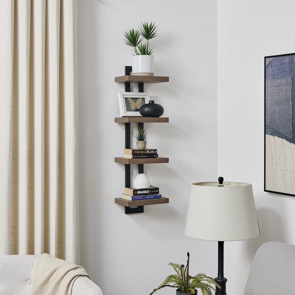Danya B. 4-Tier Ladder Bracket Floating Wall Shelves - Black Metal and Walnut Finish
