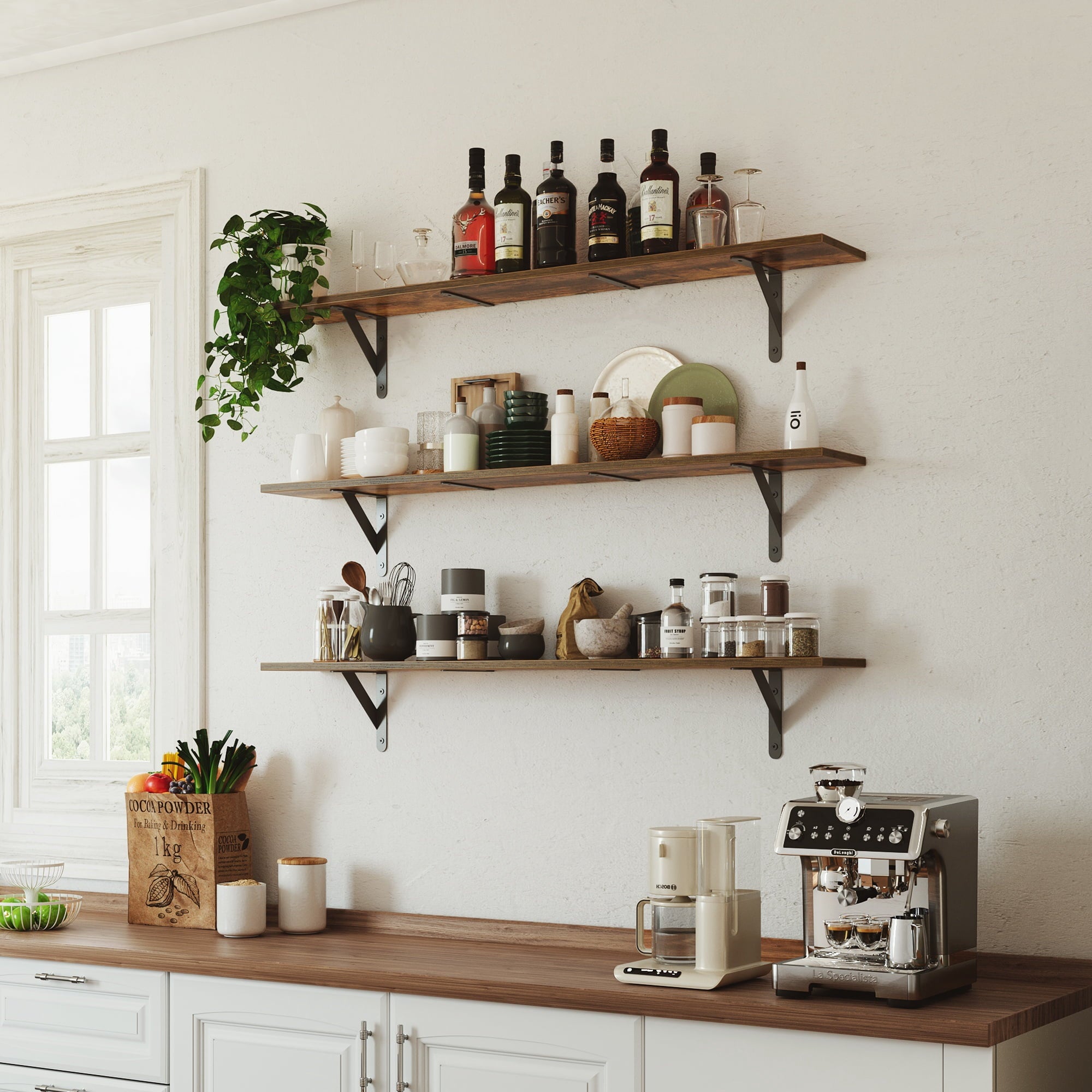 Farmhouse 48″W x 8″D Brown Floating Shelves Set of 3,Wood Book Shelves for Decor