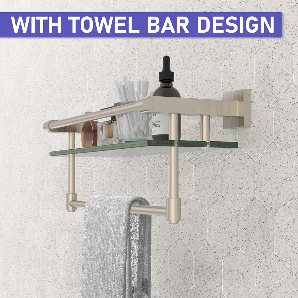 Woindo Bathroom Glass Shelf with Full-coverage Railing, Floating Tempered Glass Bathroom Wall Shelf Rectangle 16 Inch Over The Toilet Storage Cabinet, Towels, Gaming Floating Shelves