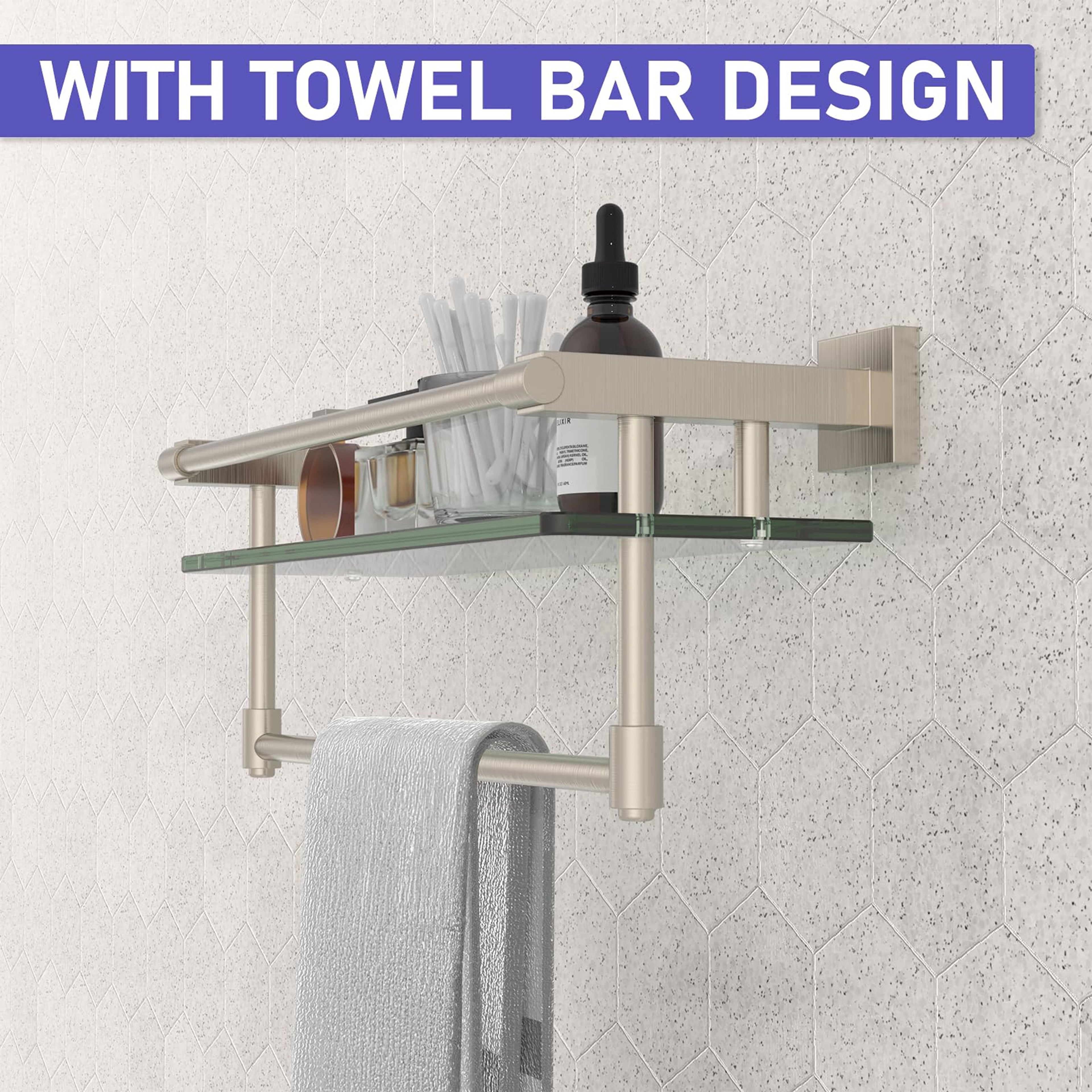 Woindo Bathroom Glass Shelf with Full-coverage Railing, Floating Tempered Glass Bathroom Wall Shelf Rectangle 16 Inch Over The Toilet Storage Cabinet, Towels, Gaming Floating Shelves