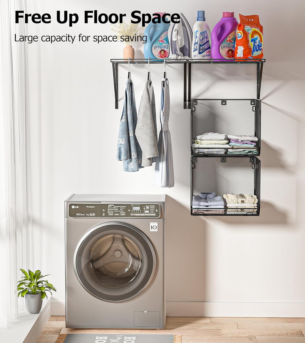 2 Pack Laundry Room Shelves Organization and Storage,Wall Mounted Clothes Drying Rack with Wire Mesh Basket Over Washer and Dryer, (Black, 2 Pack)