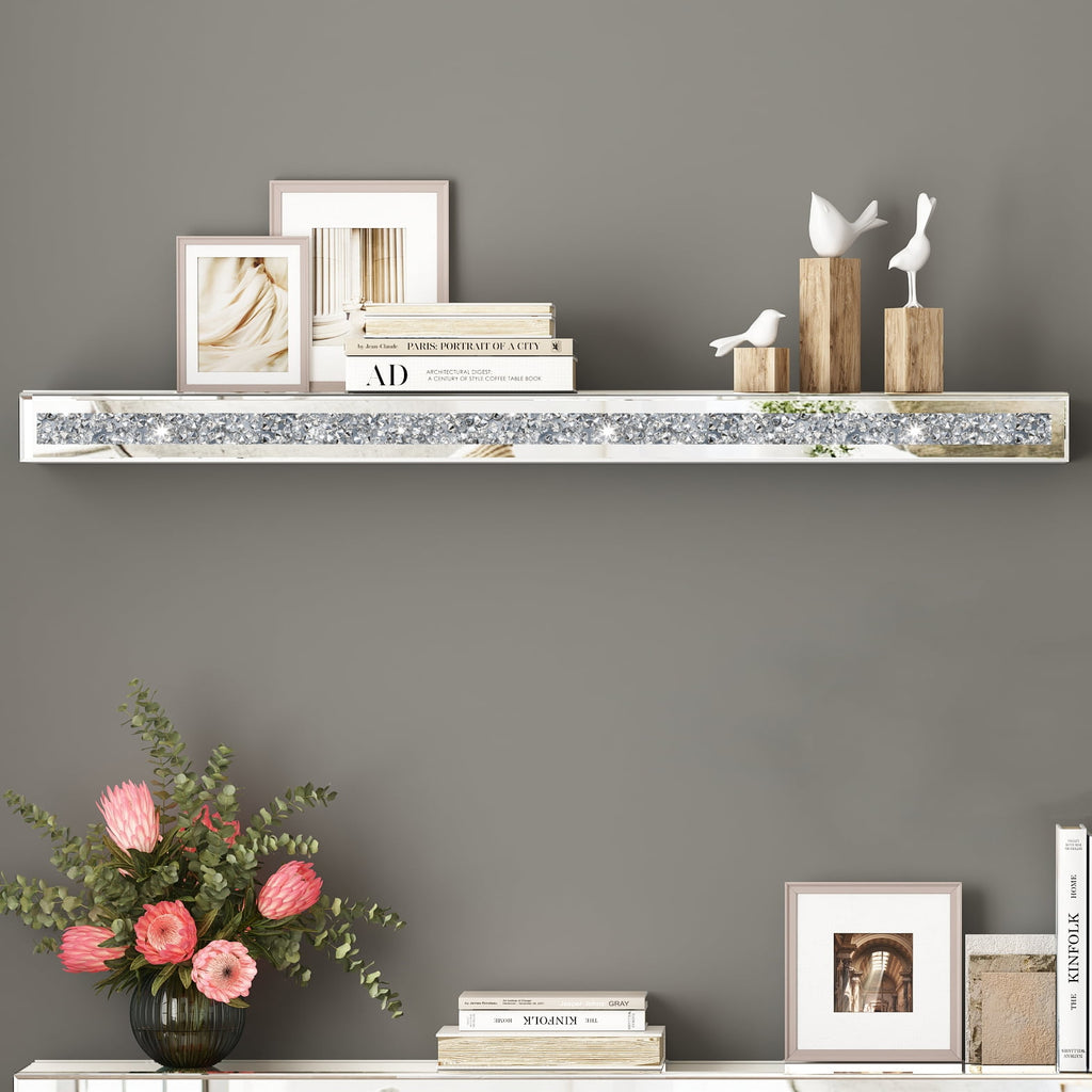 SHYFOY 48" Fireplace Mantel Mirrored Floating Shelf with Faux Diamond Inlay Accent Shelf for Wall Decor