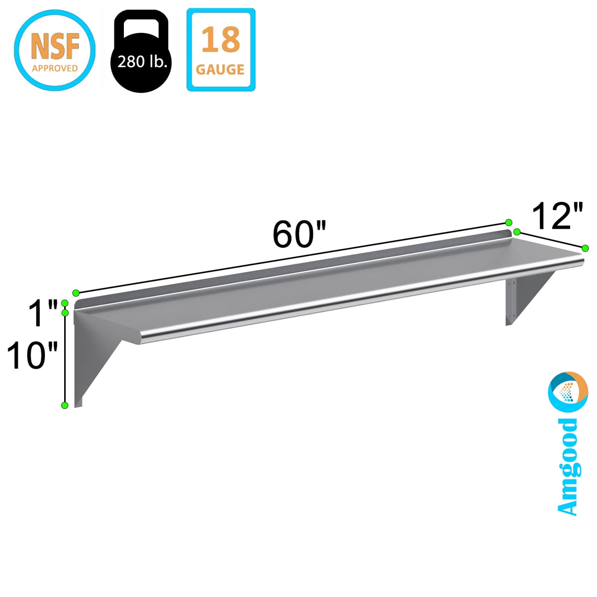 AmGood 12 in. x 60 in. Stainless Steel Wall Shelf | NSF Certified | Appliance & Equipment Metal Shelving | Kitchen, Restaurant, Garage, Laundry, Utility Room