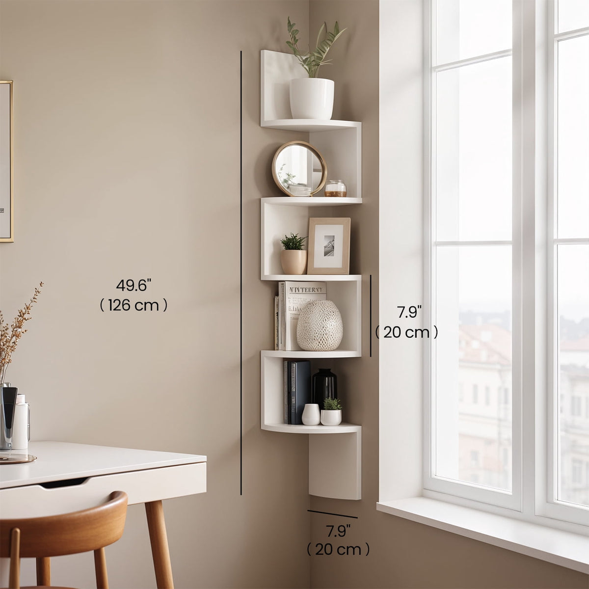 LEDREM Floating Corner Shelf - 5-Tier Wall Mount Bookshelf, Space-Saving Design, 13.2lb Capacity per Shelf, Cloud White