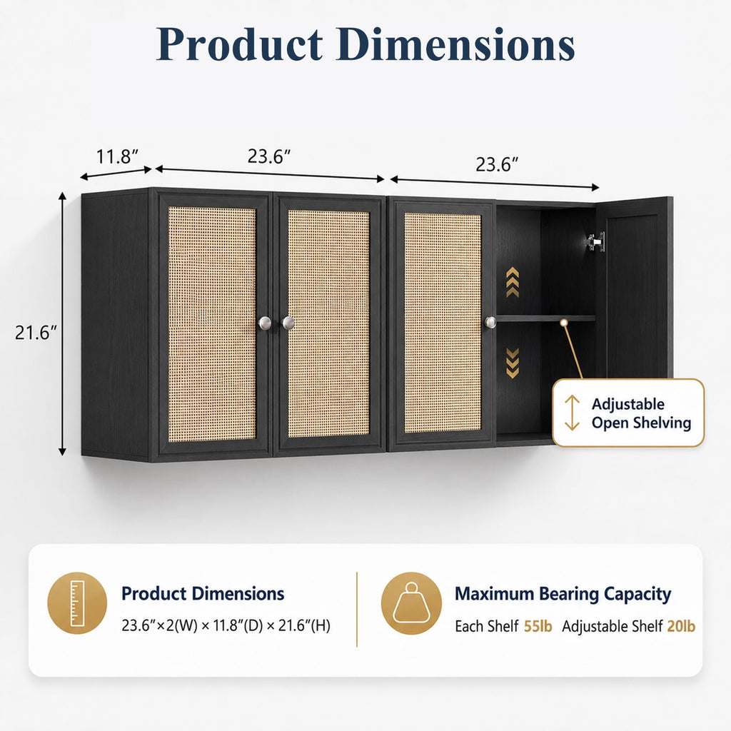 24"W Rattan Laundry Room Cabinets with Lights, Bathroom Cabinets Wall Mounted with Adjustable Shelves, Wall Cabinet for Bathroom/Kitchen/Bedroom (2PCS, Black)