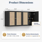 24"W Rattan Laundry Room Cabinets with Lights, Bathroom Cabinets Wall Mounted with Adjustable Shelves, Wall Cabinet for Bathroom/Kitchen/Bedroom (2PCS, Black)