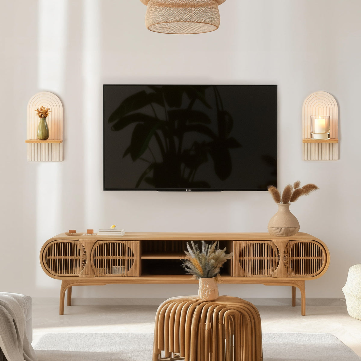 Sziqiqi Boho Wall Candle Holders Set of 2: White Wood Floating Shelves with Rainbow Arch Design Hanging Shelves for Tea Lights, Plants, Books Farmhouse Home Decor