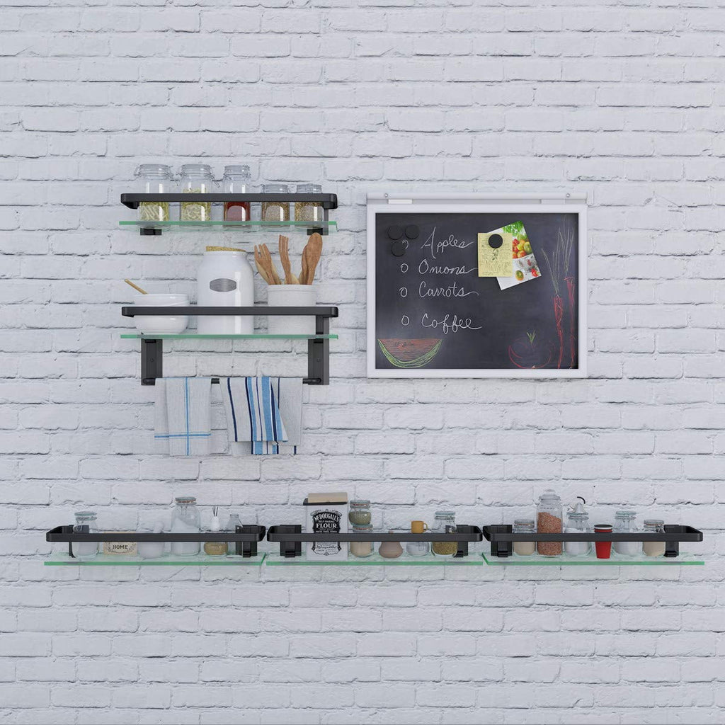 Sofinny 2 Tier Glass Shelf for Bathroom Wall Mounted, 15.7in Aluminum Floating Shelves with Towel Bar, No Drilling, 8mm Thick Tempered Glass (Black)
