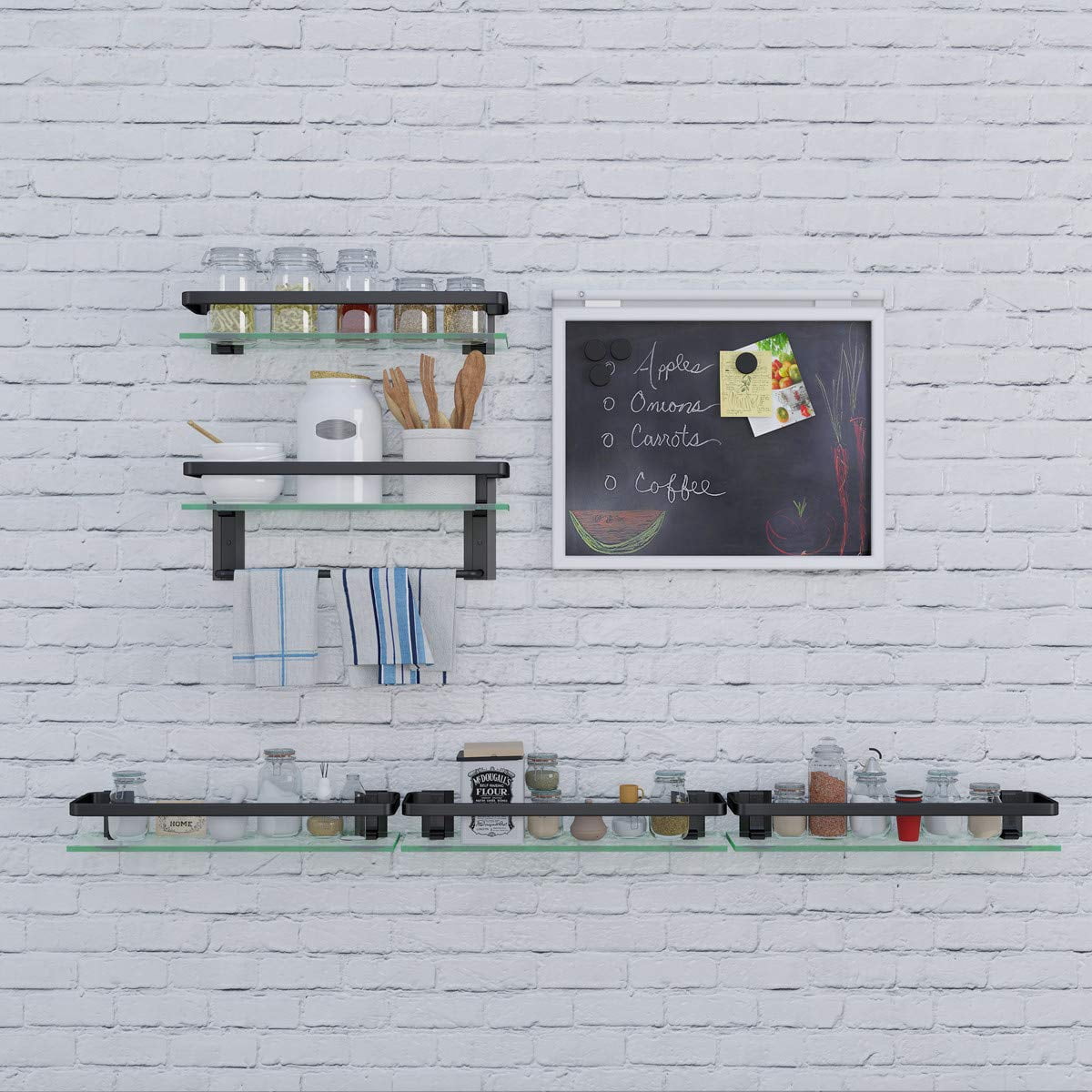 Sofinny 2 Tier Glass Shelf for Bathroom Wall Mounted, 15.7in Aluminum Floating Shelves with Towel Bar, No Drilling, 8mm Thick Tempered Glass (Black)